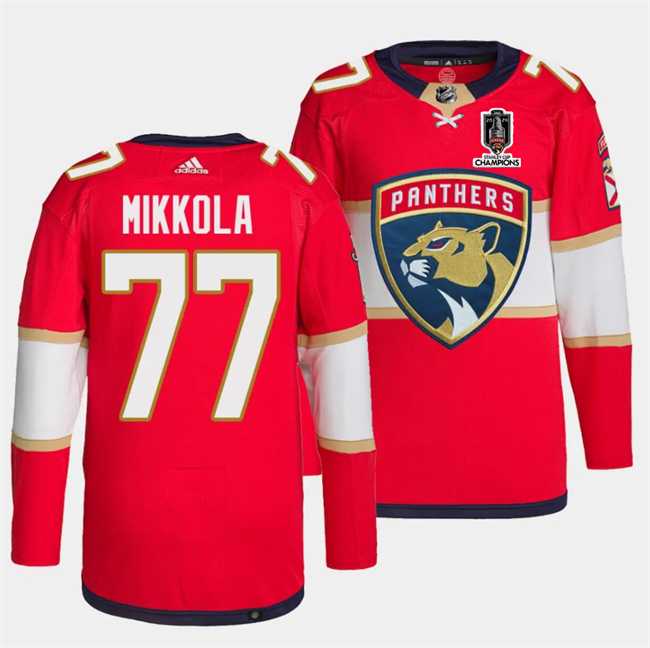 Mens Florida Panthers #77 Niko Mikkola Red Home 2024 Stanley Cup Champions Stitched Jersey Dzhi